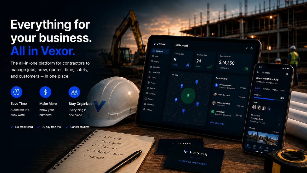 Vexor construction management software dashboard on a tablet and phone showing today's jobs, crew, open invoices, a job map and recent activity.