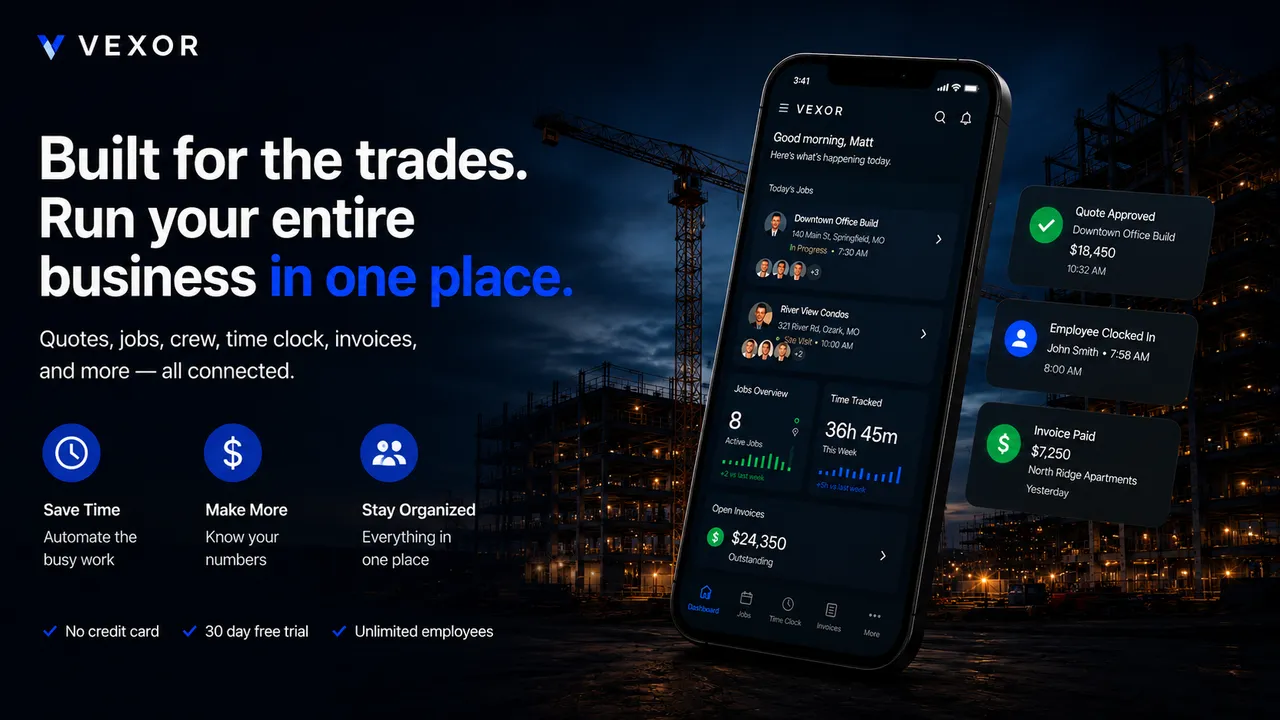 Vexor construction software for contractors on a phone: today's jobs, tracked hours, open invoices and alerts for approved quotes and clock-ins.