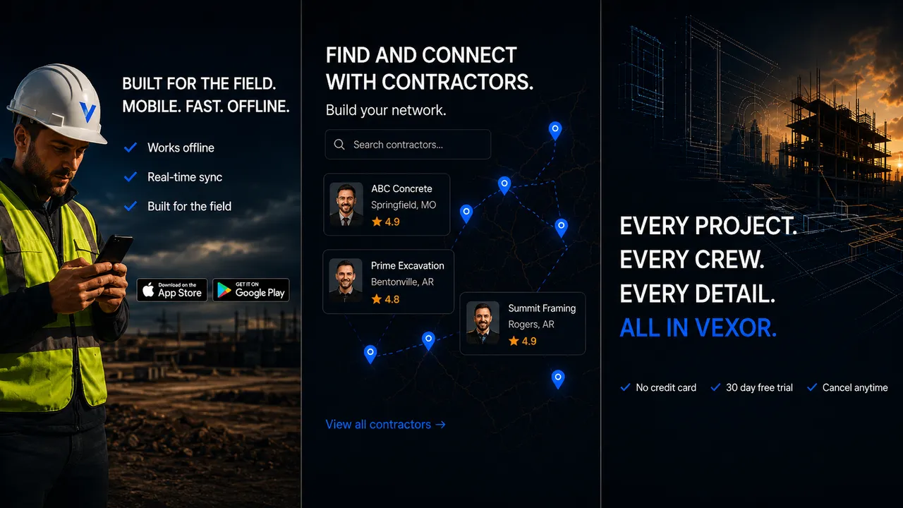 Vexor contractor directory on mobile: a worker in a hi-vis vest searches and connects with rated contractors shown on a map across nearby cities.